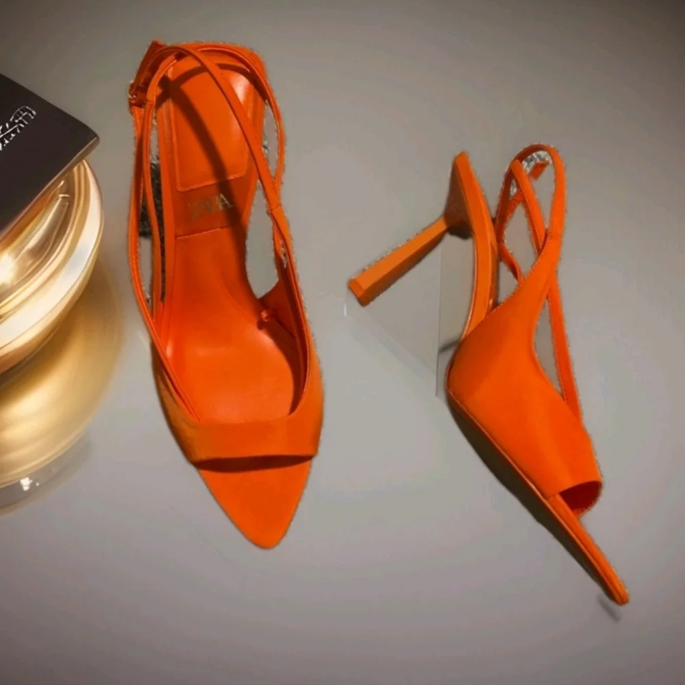 Adorable Orange Zara Satin effect wrap ankle Stilletto block heel sandals. - Picture 1 of 8